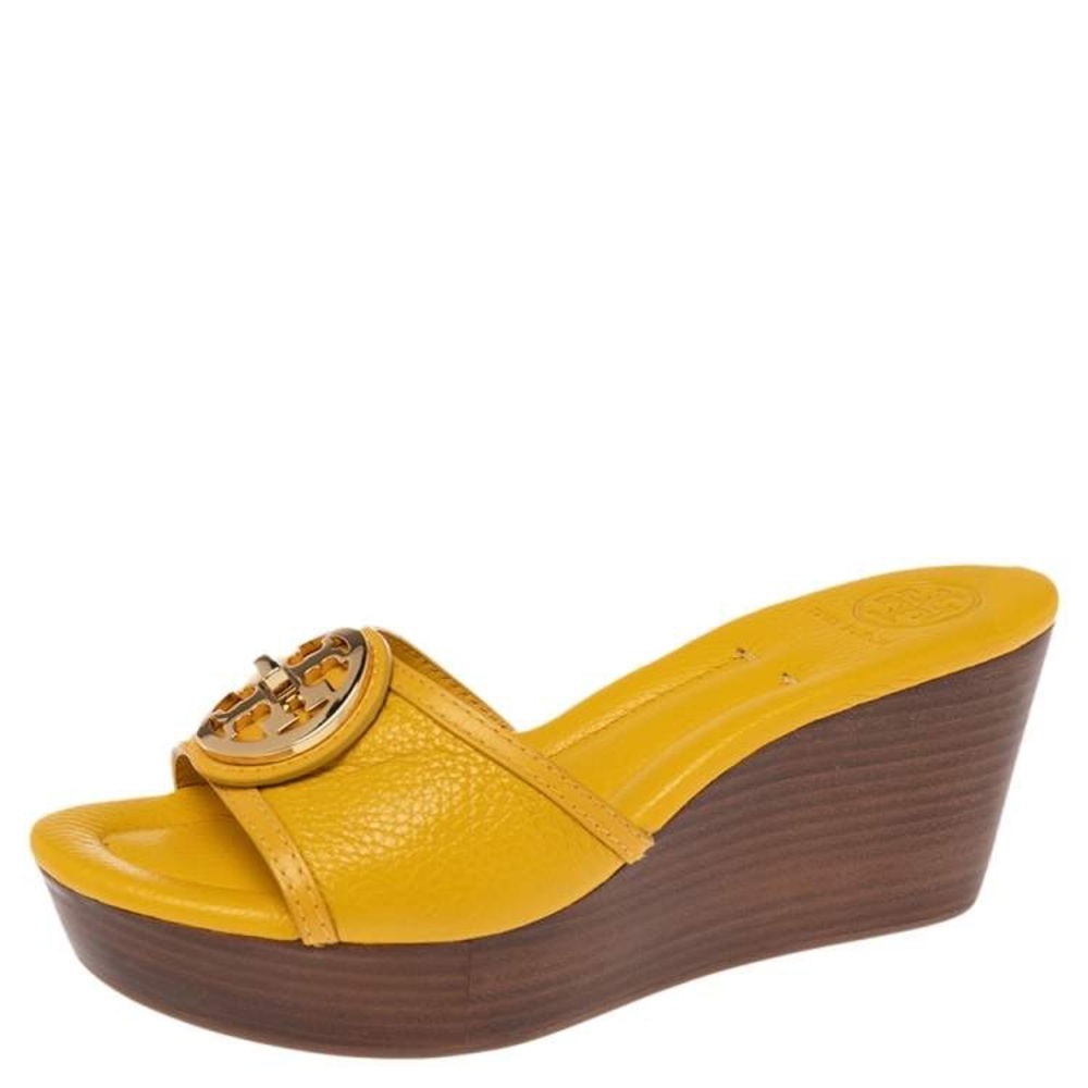 Tory Burch Yellow Leather Selma Logo Wedge Slide Sandals size 8